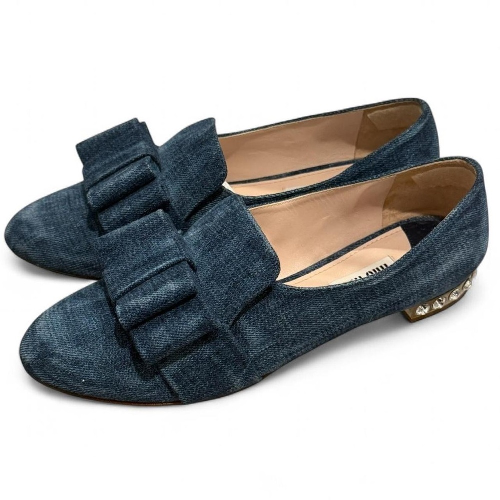 Miu Miu Blue Denim Loafers with Bow Detail